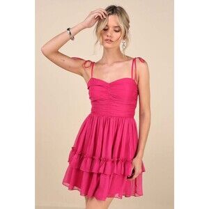 NWT Lulus Angelic Approach Hot Pink Chiffon Ruffled Tie-Strap Mini Dress Small